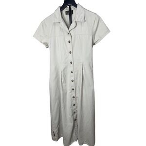 Vintage Blue Tan Cotton Maxi Dress Short Sleeve Button Front Tie Back 11/12